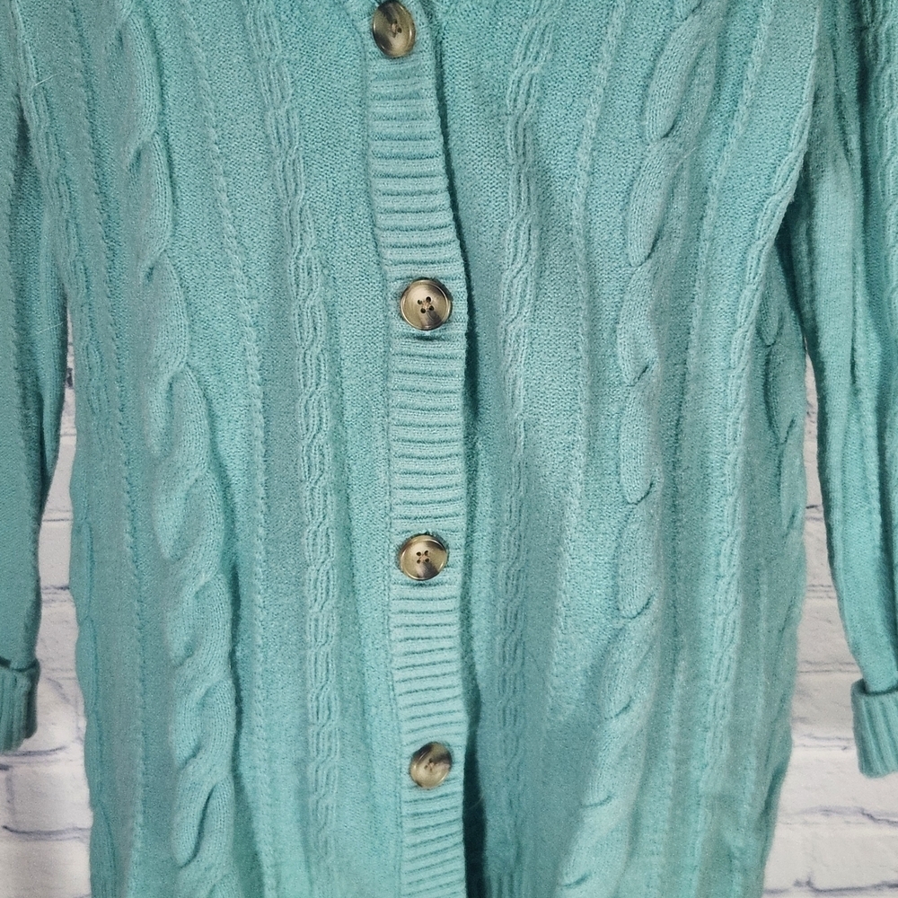 Talbots Teal Cable Knit Luxury Long Buttonup Lg Cardigan - Picture 4 of 7